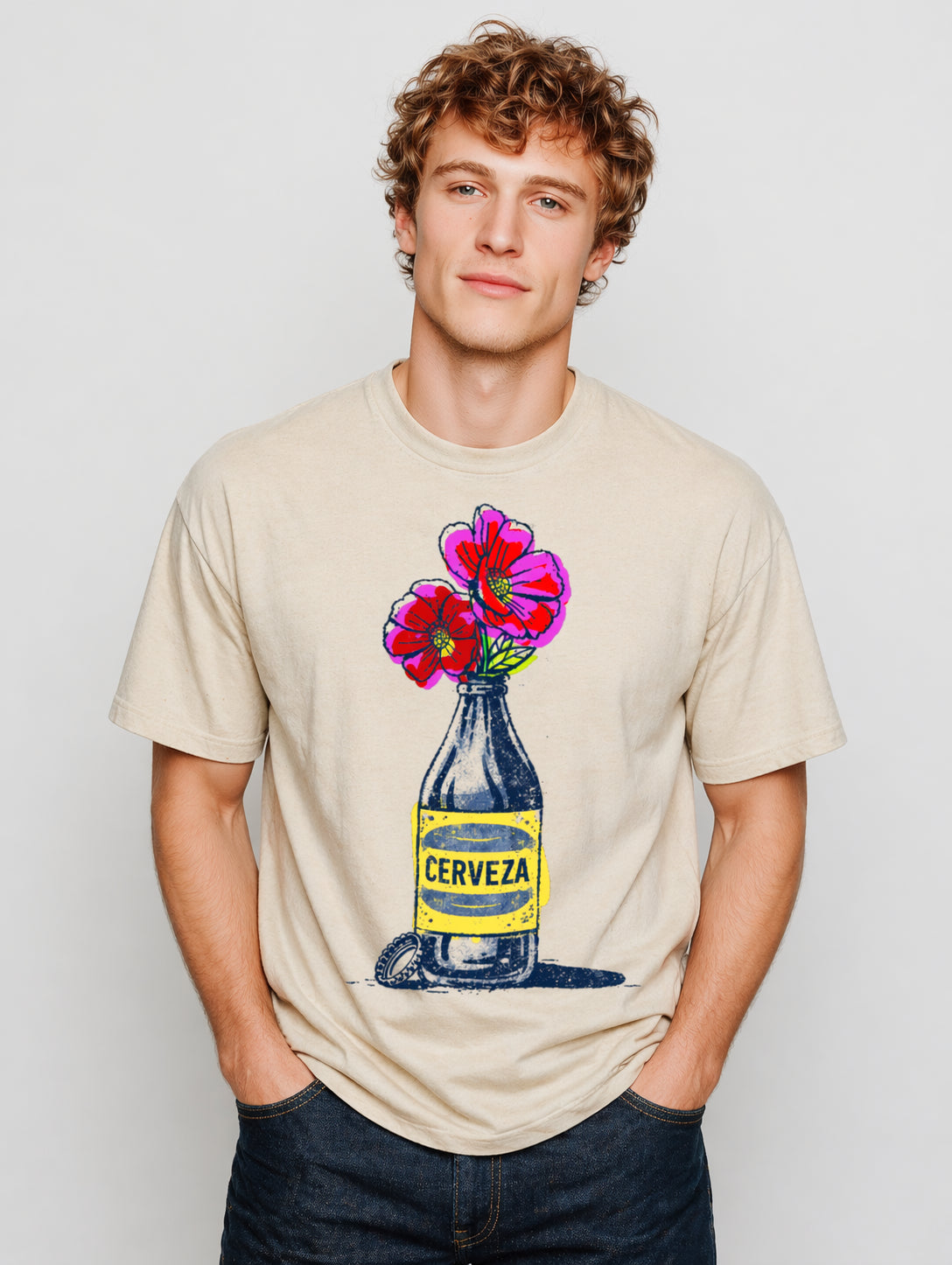 Cerveza Bloom Bottle graphic t-shirt featuring floral bottle artwork inspired by vintage design and botanical illustration.