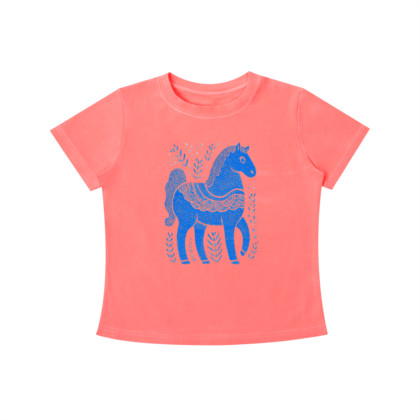 Coral Blue Folk Horse graphic t-shirt featuring folk art-inspired horse artwork celebrating creativity, tradition, and nature.