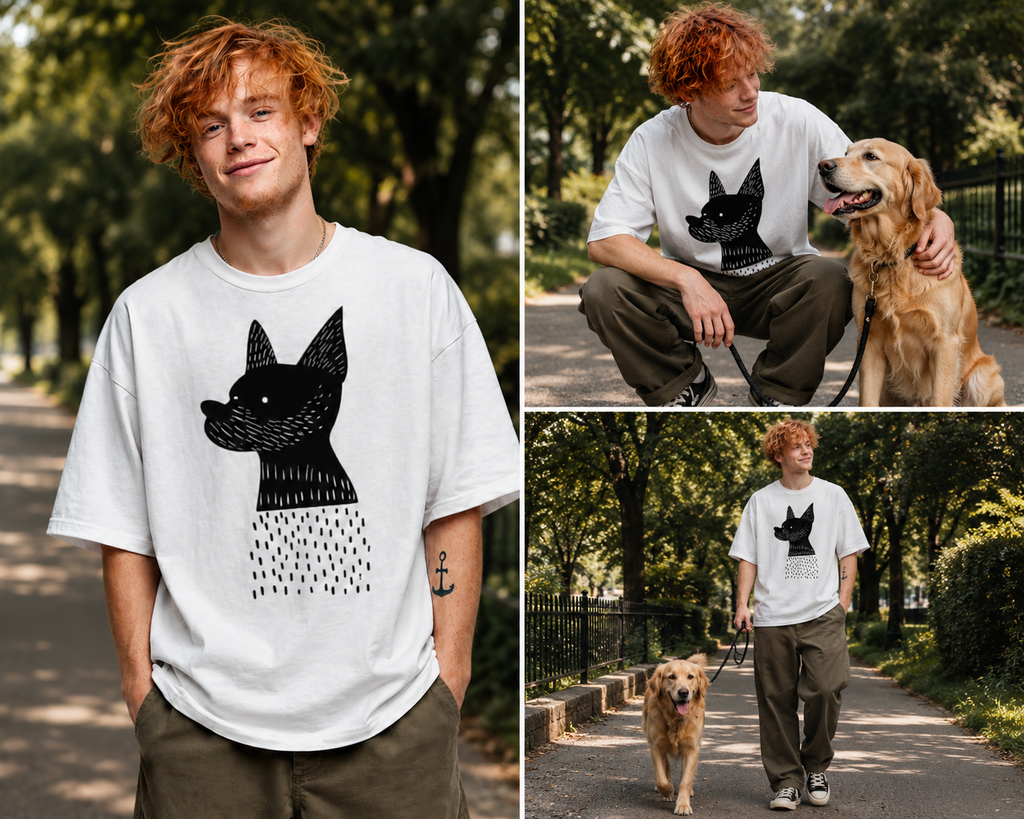 Boy wearing Abstract Dog Graphic Tee featuring artistic dog illustration