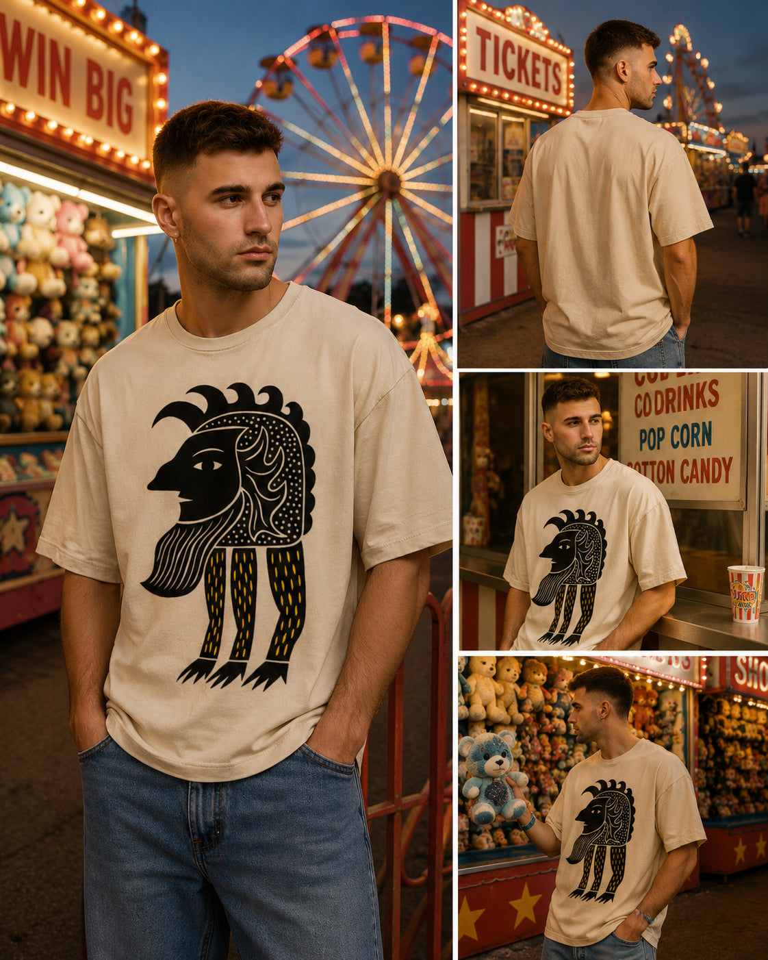 Man wearing an Abstract Folk Creature graphic t-shirt featuring artistic folk-inspired creature artwork and imaginative storytelling design.