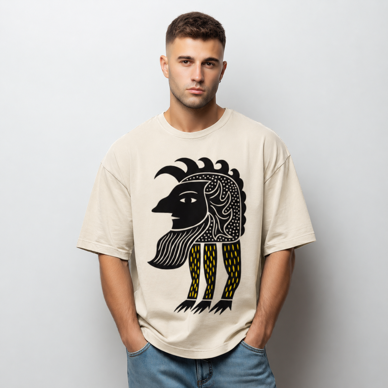 Man wearing a beige t-shirt with a black and yellow graphic design on a plain background