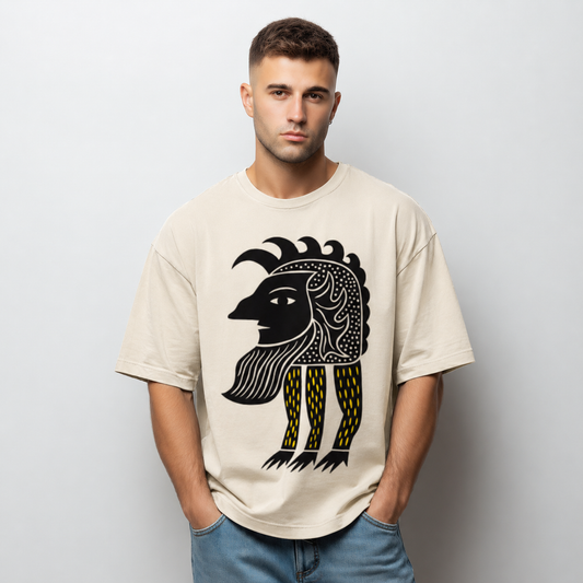 Man wearing a beige t-shirt with a black and yellow graphic design on a plain background
