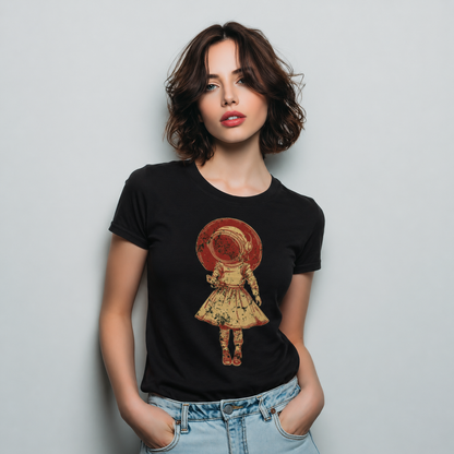 Woman wearing a black t-shirt with a unique design on a plain background