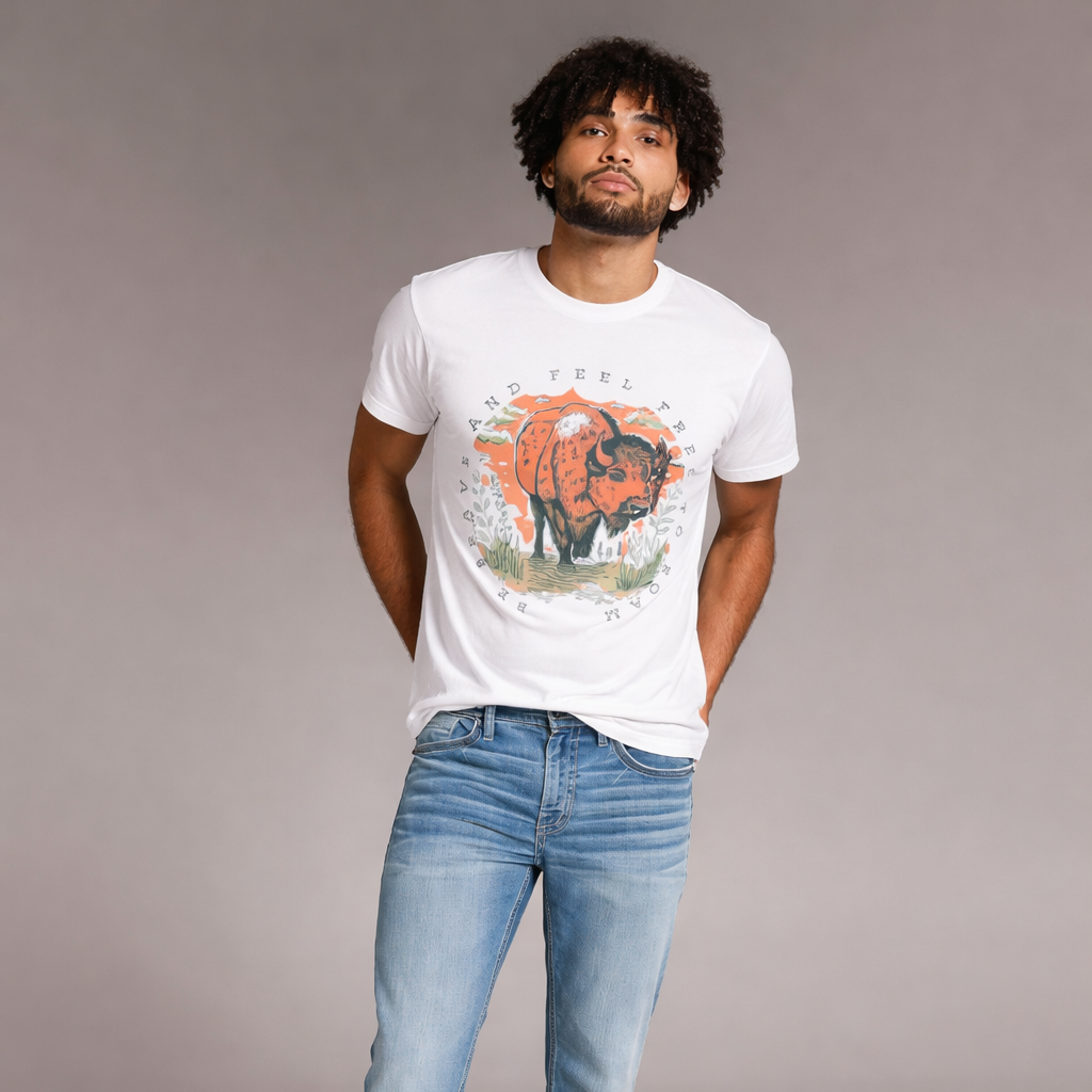 Man wearing a white t-shirt with a graphic design and blue jeans on a plain background