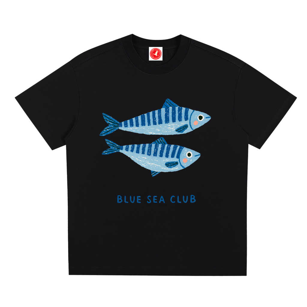 Black t-shirt with blue fish design and 'Blue Sea Club' text on a white background