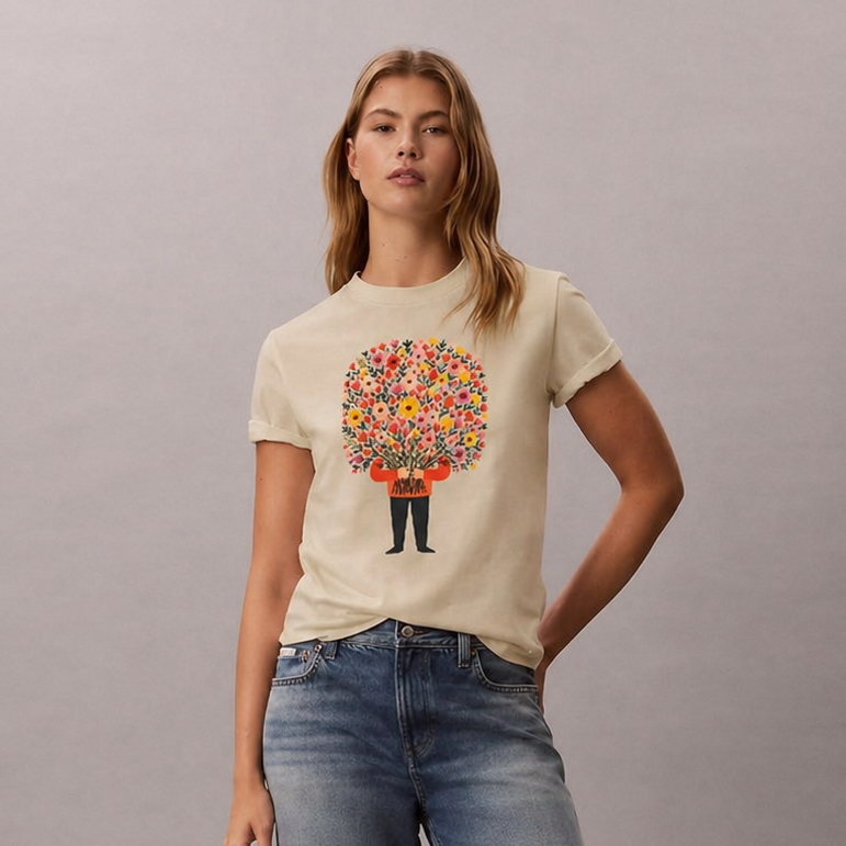 Woman wearing a t-shirt with a colorful graphic design on a plain background