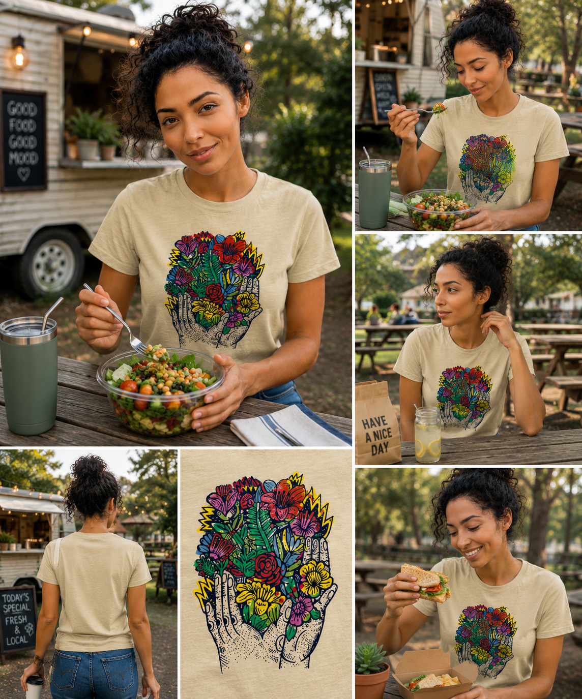 Bloom in Hand graphic t-shirt featuring floral hand artwork inspired by nature, creativity, and botanical illustration.