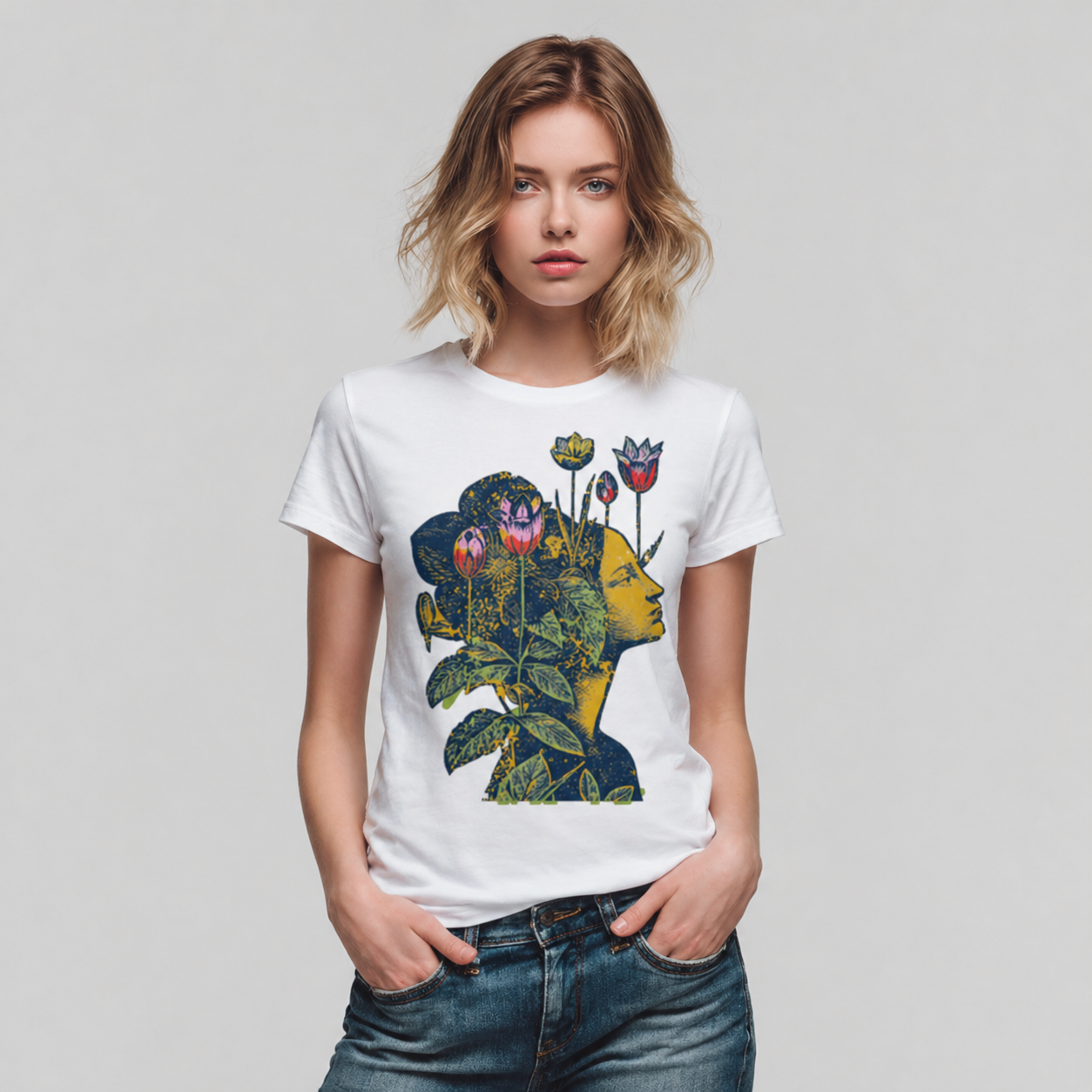 Woman wearing a white t-shirt with a colorful graphic design on a plain background
