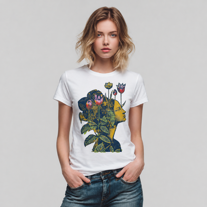 Woman wearing a white t-shirt with a colorful graphic design on a plain background