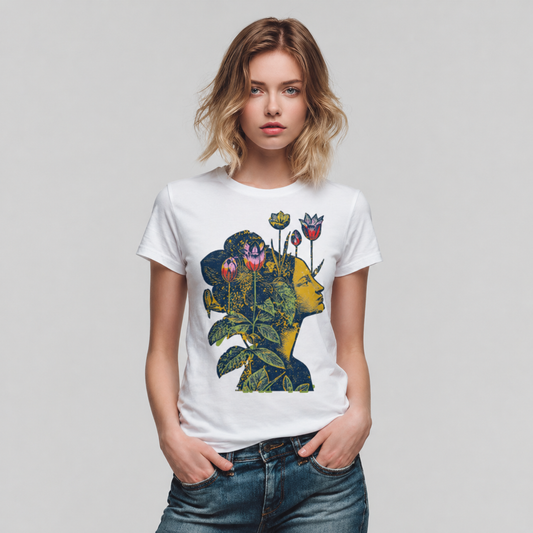 Woman wearing a white t-shirt with a colorful graphic design on a plain background