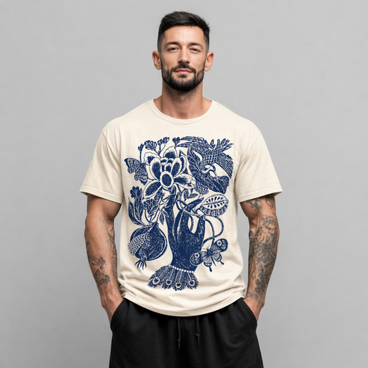 Man wearing a beige t-shirt with a blue floral design on a gray background