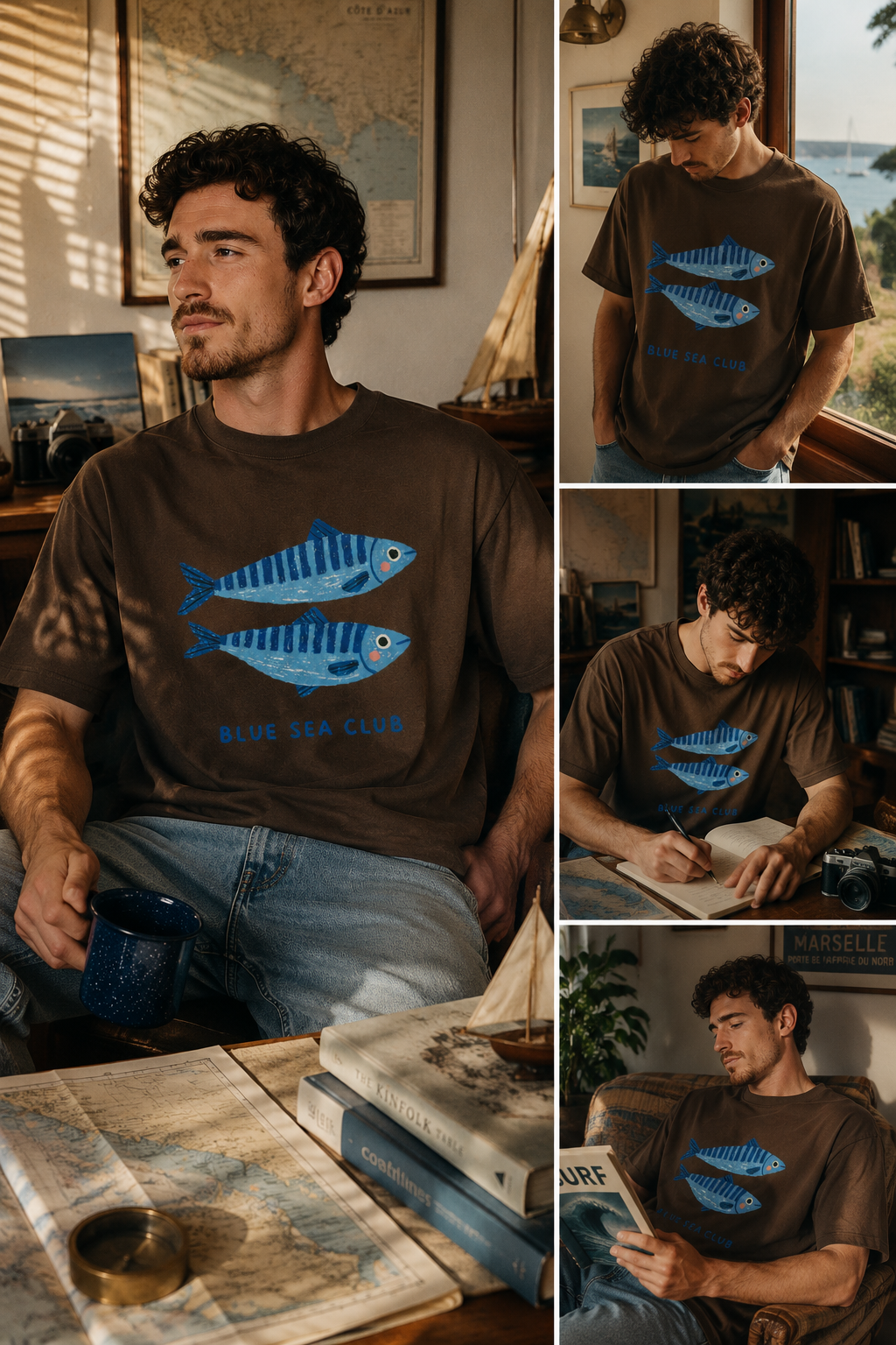 Blue Sea Club graphic t-shirt featuring coastal-inspired artwork celebrating ocean adventures and seaside living.