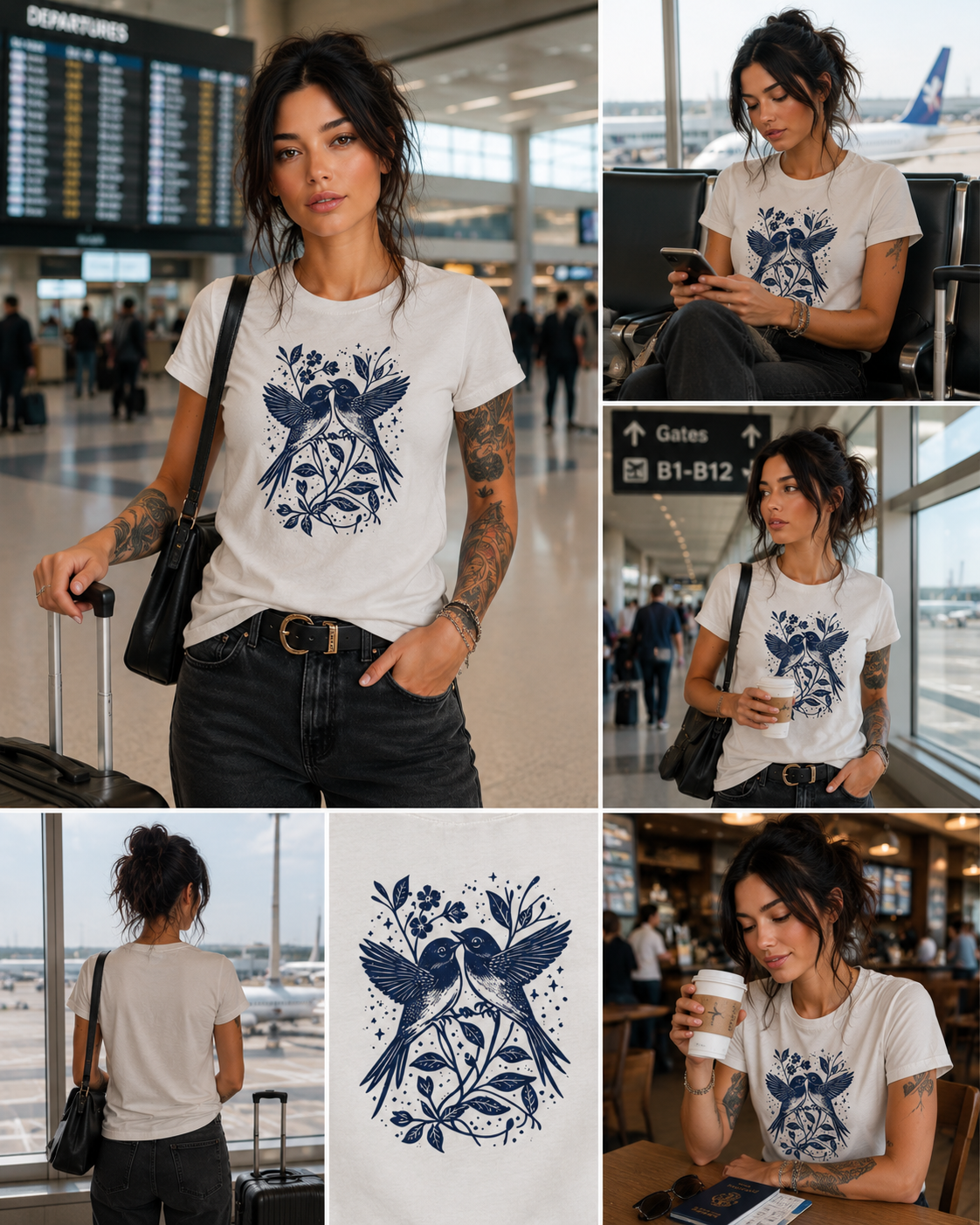 Bluebird Garden Folk graphic t-shirt featuring bird and floral artwork inspired by folk art and botanical beauty.