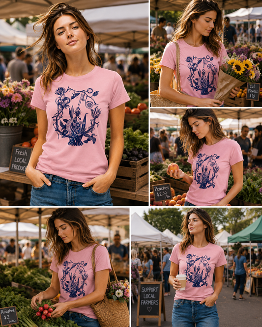 Woman wearing a pink Bluebird and Bloom graphic t-shirt featuring bird and floral artwork inspired by nature and botanical beauty.