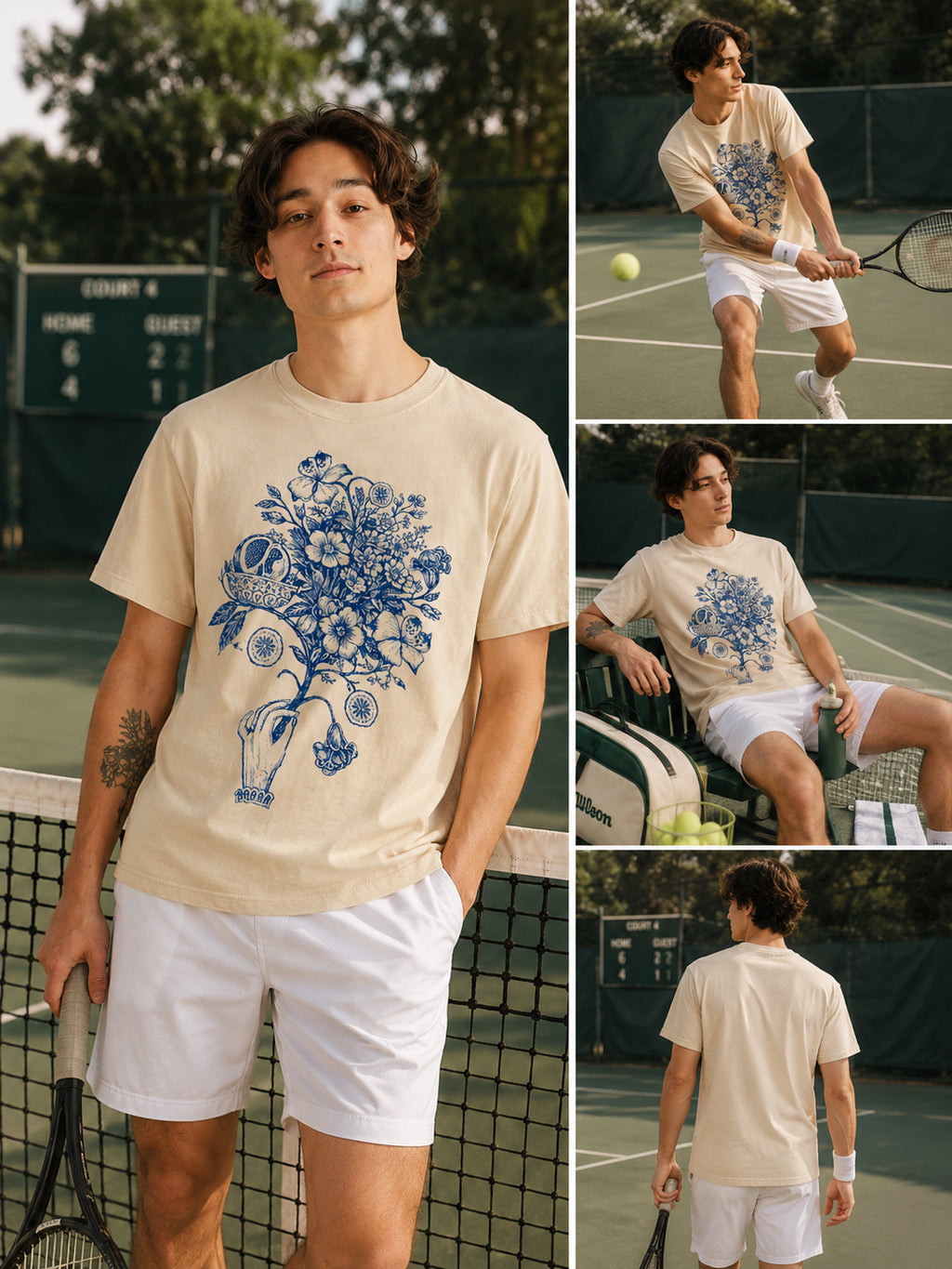 Man wearing a Botanical Hand Illustration graphic t-shirt featuring floral hand artwork inspired by botanical illustration and creative design playing tennis.
