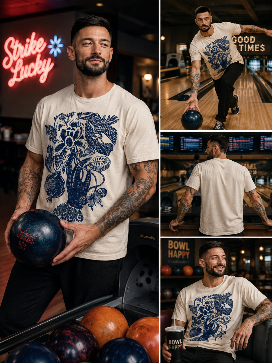 Man bowling with a white Botanical Hand graphic t-shirt featuring botanical hand artwork inspired by vintage floral illustration, surrounded by images of him in a bowling alley.