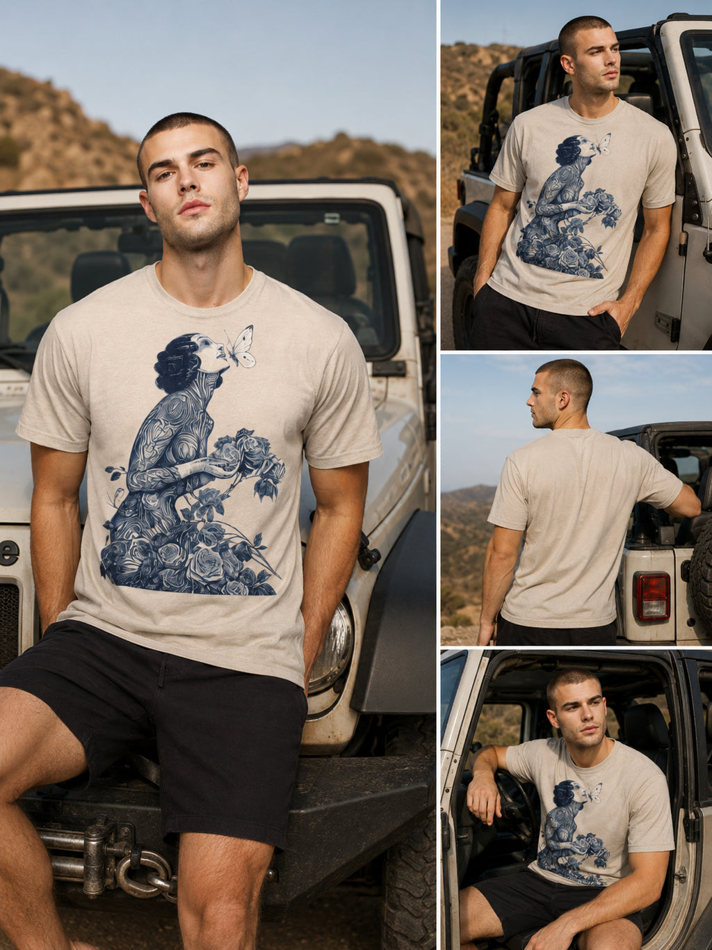 Man wearing a Botanical Muse graphic t-shirt featuring botanical artwork inspired by wildflowers and vintage illustration in front of a jeep.