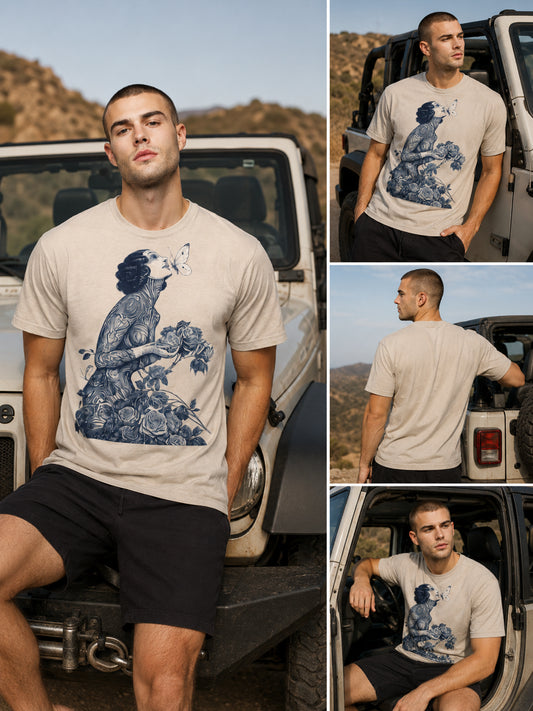 Man wearing a Botanical Muse graphic t-shirt featuring botanical artwork inspired by wildflowers and vintage illustration in front of a jeep.
