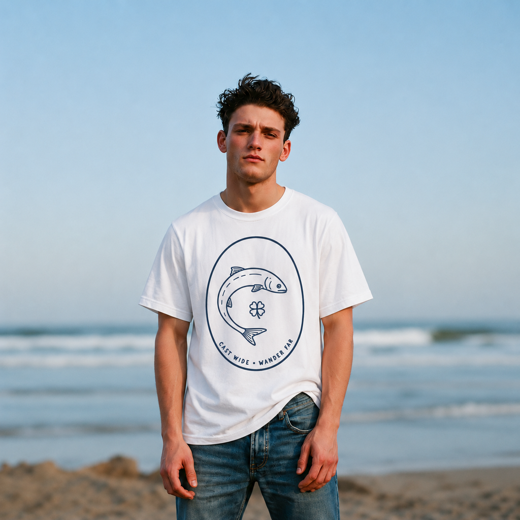 A man standing on a beach wearing a white graphic t-shirt with a navy blue fish design and the text 'OLD WILD - MINNEVOLA'.