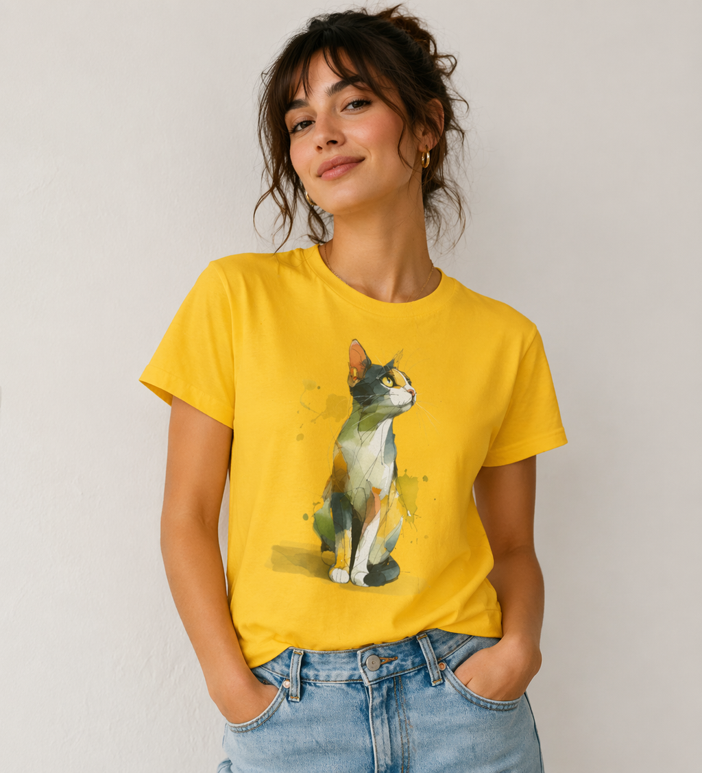 Woman wearing a yellow t-shirt with a cat graphic on a plain background