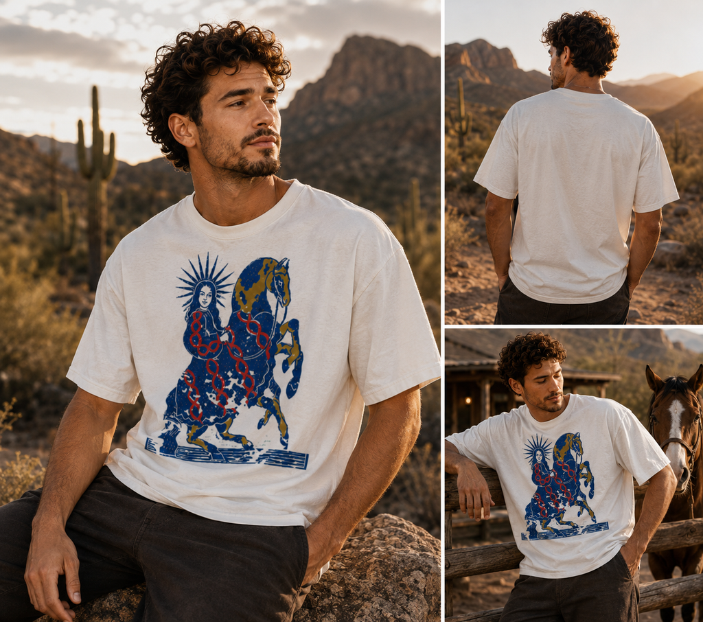 Celestial Rider graphic t-shirt featuring artistic rider artwork inspired by adventure, freedom, and open horizons.