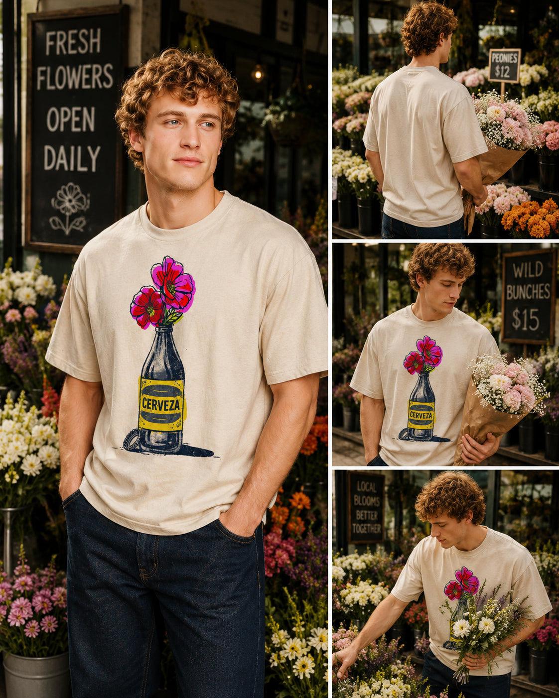 Man wearing a Cerveza Bloom Bottle graphic t-shirt featuring floral bottle artwork inspired by vintage design and botanical illustration.