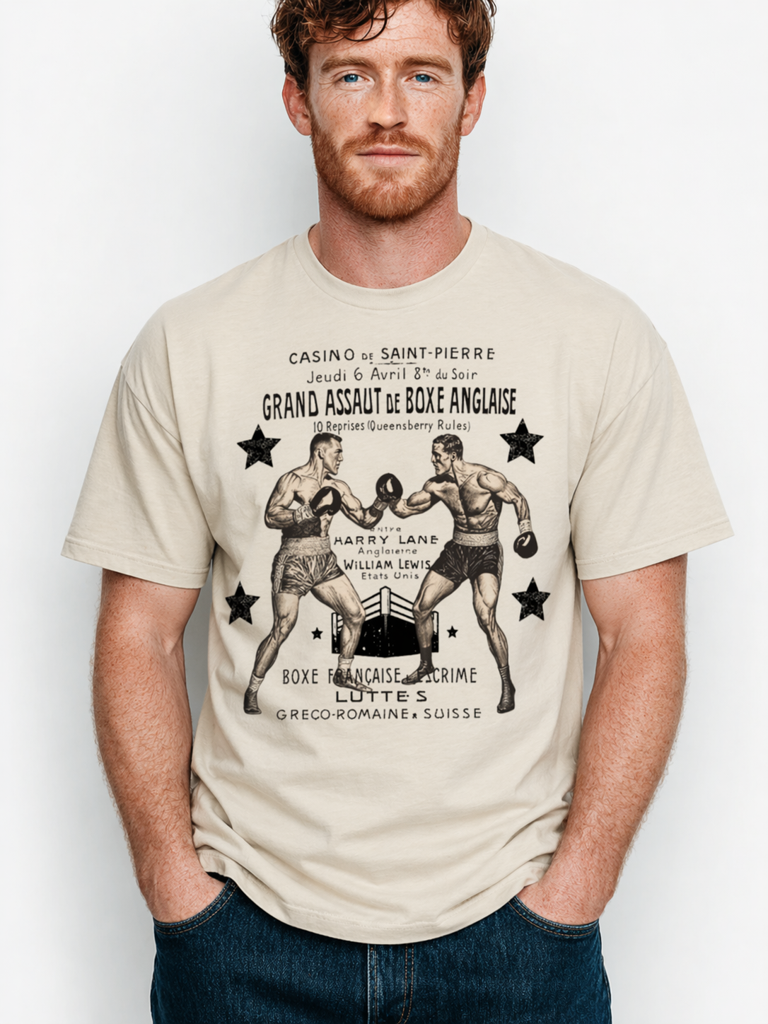 Man wearing a t-shirt with vintage boxing graphic and text