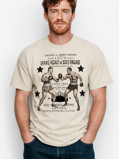 Man wearing a t-shirt with vintage boxing graphic and text