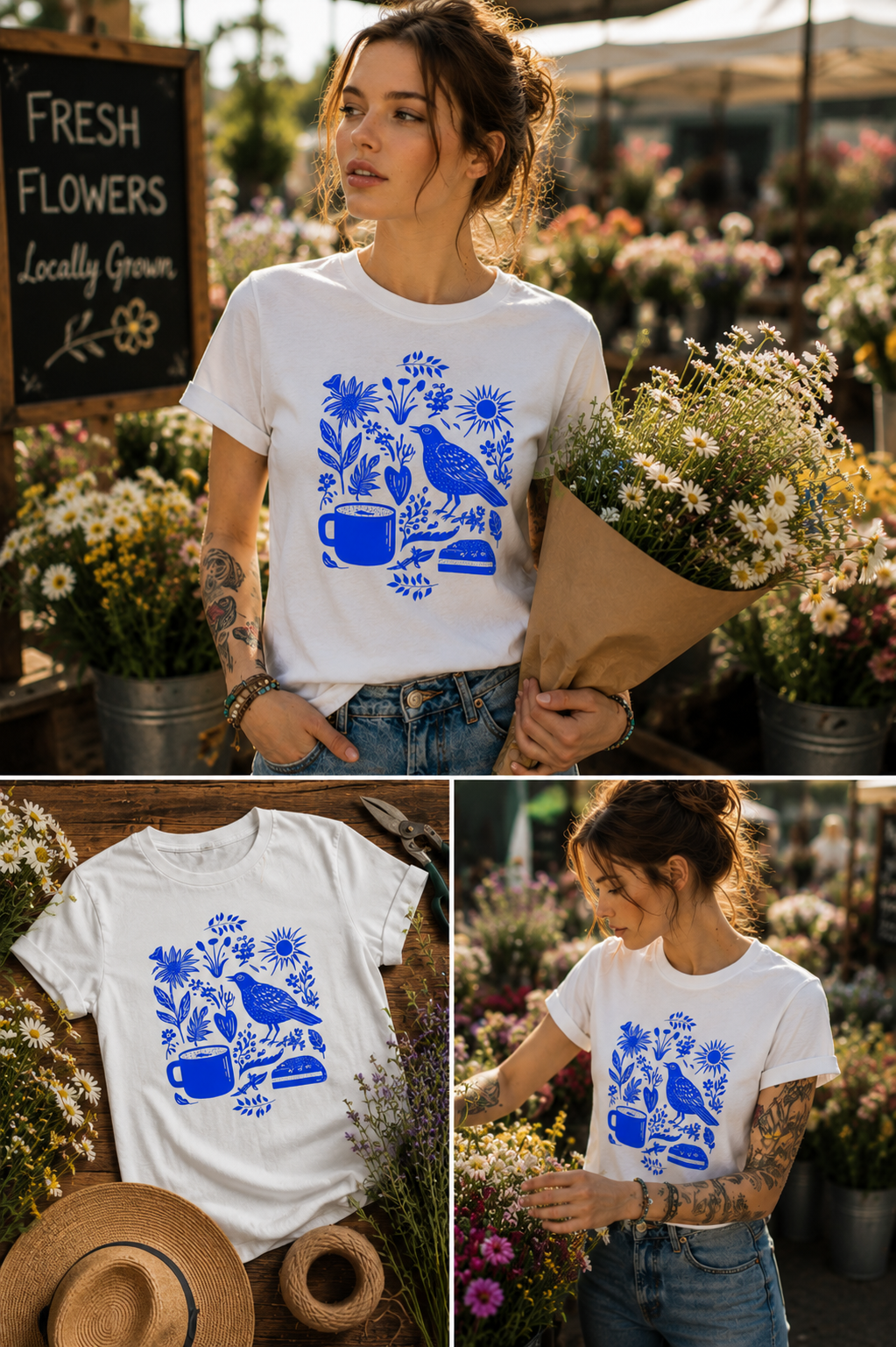 Woman holding flowers and wearing a white Indigo Morning Garden graphic t-shirt featuring botanical artwork inspired by wildflowers, gardens, and natural beauty..