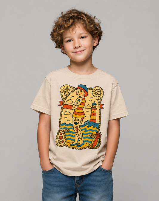 Child wearing a t-shirt with a colorful graphic design on a plain background