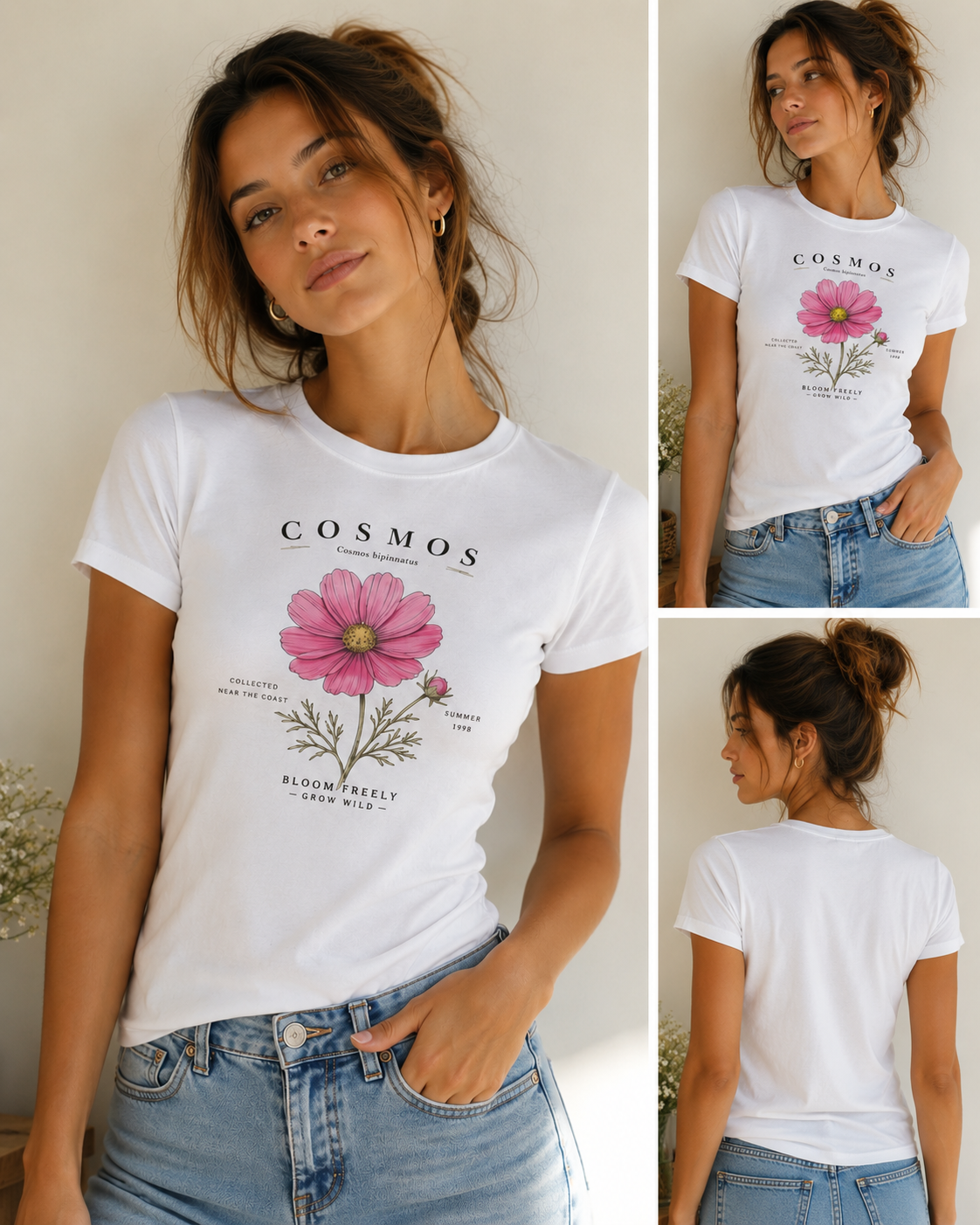 Woman wearing a white Cosmos Bloom Freely graphic t-shirt featuring floral artwork inspired by wildflowers, growth, and natural beauty.