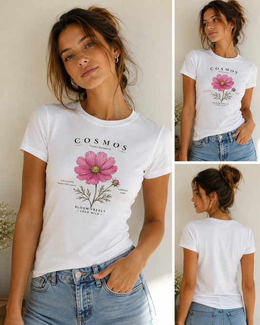 Woman wearing a white Cosmos Bloom Freely graphic t-shirt featuring floral artwork inspired by wildflowers, growth, and natural beauty.