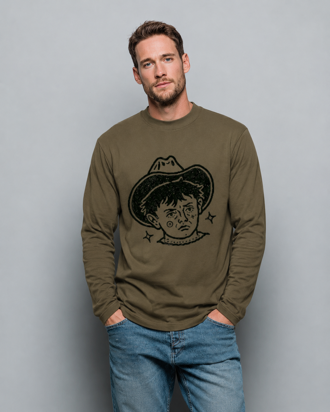 Man wearing a green long-sleeve shirt with a graphic design on a gray background