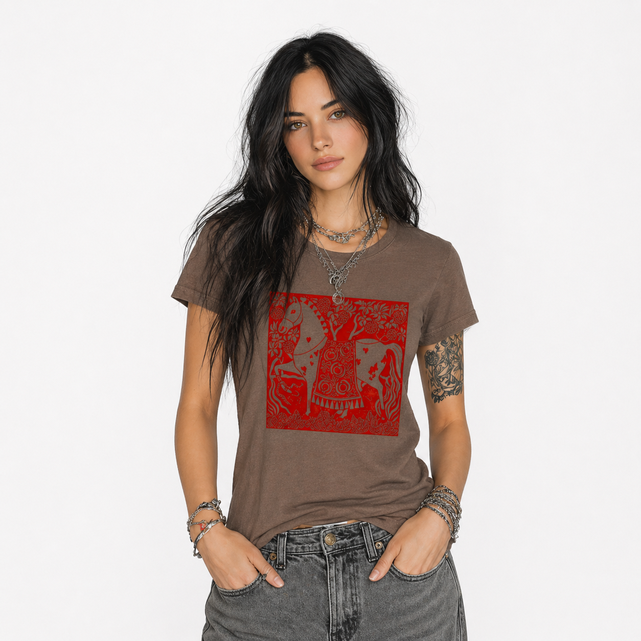 Woman wearing a brown t-shirt with a red graphic design on a white background