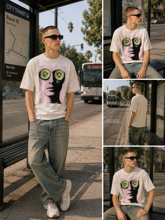 Person wearing a graphic Cucumber Eyes graphic t-shirt featuring playful illustrated artwork inspired by wellness and artistic expression at a bus stop with multiple views.