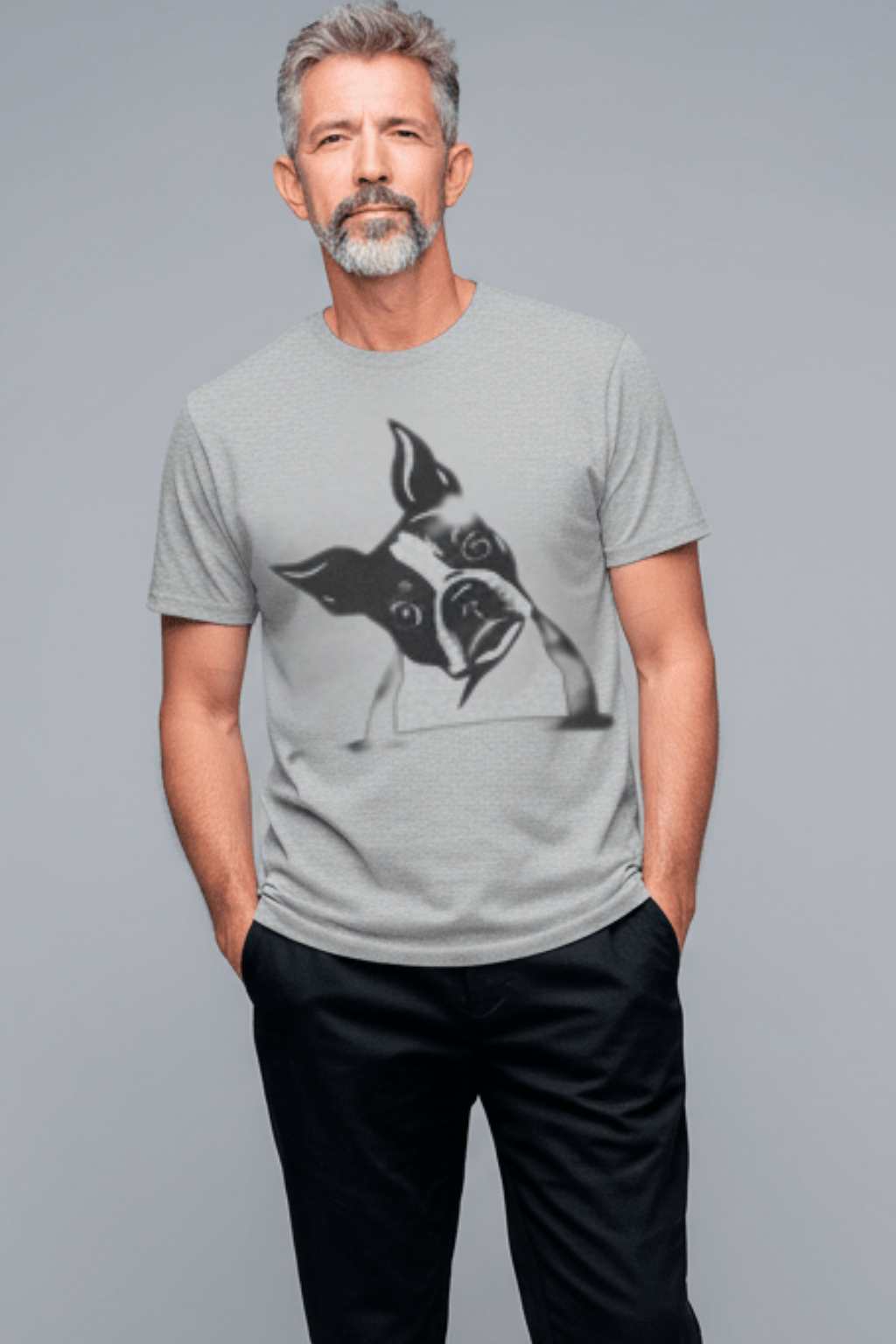 Man wearing a gray t-shirt with a dog graphic on a plain background