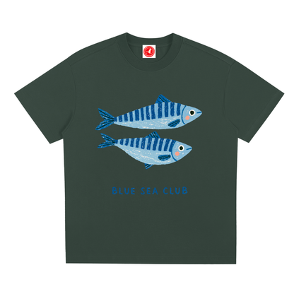 Dark green t-shirt with blue fish design and 'Blue Sea Club' text on a white background