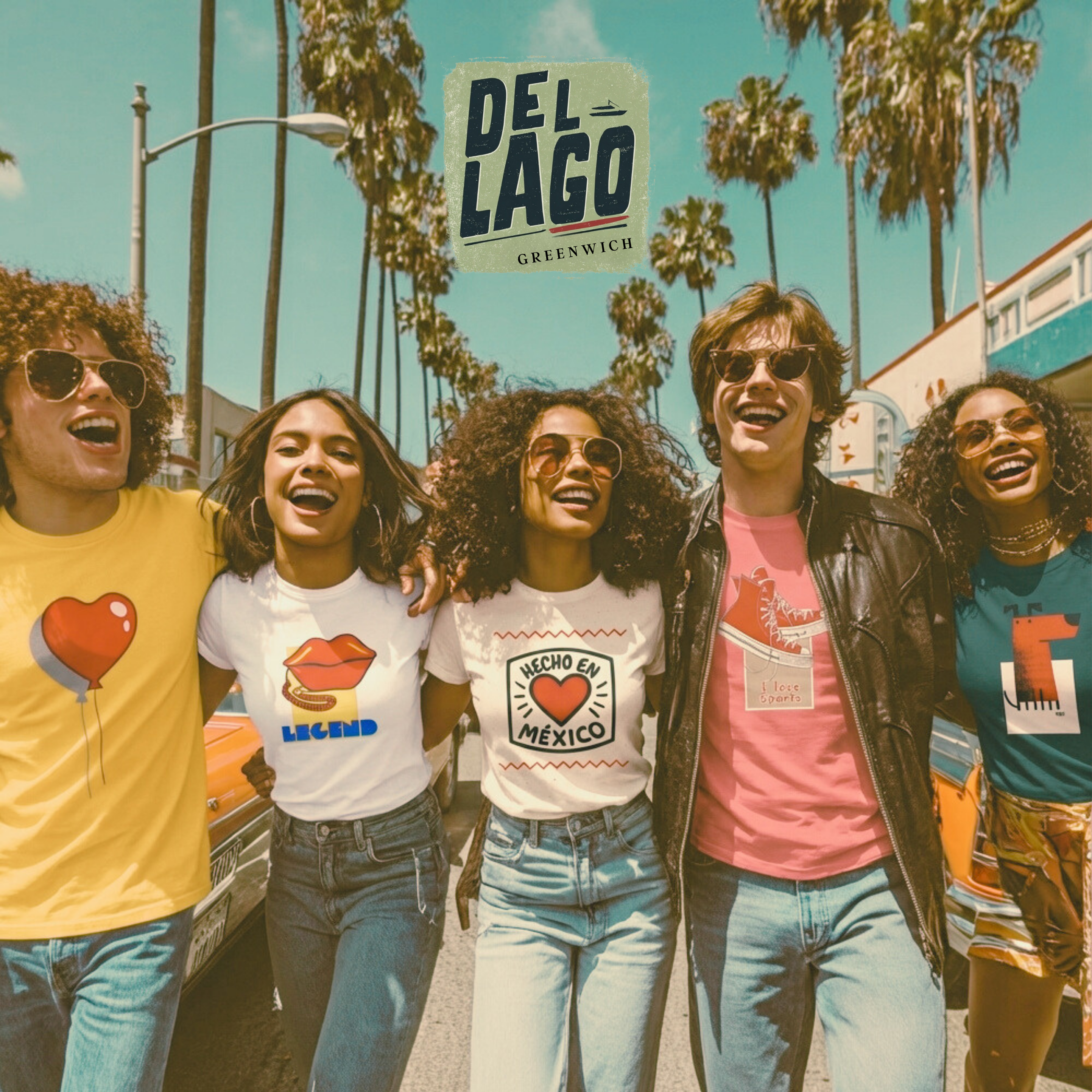 Five friends laughing together with palm trees and a Del Lago sign in the background