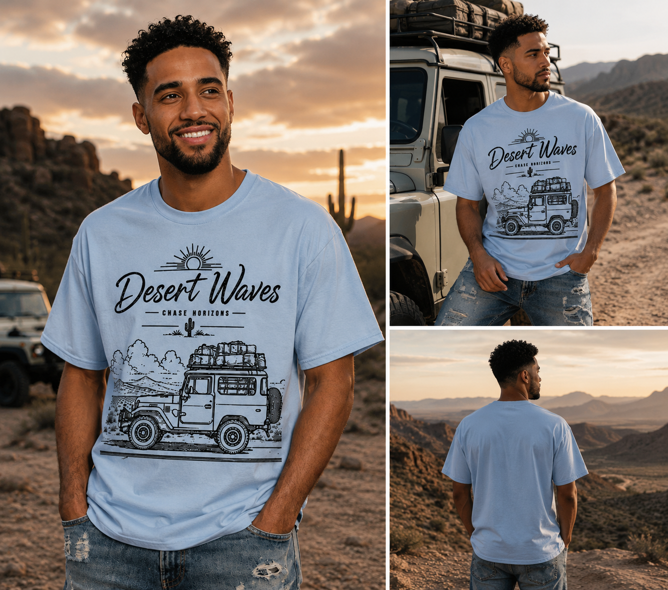 Man wearing Desert-inspired graphic t-shirt featuring artistic landscape artwork blending desert scenery with coastal influences.