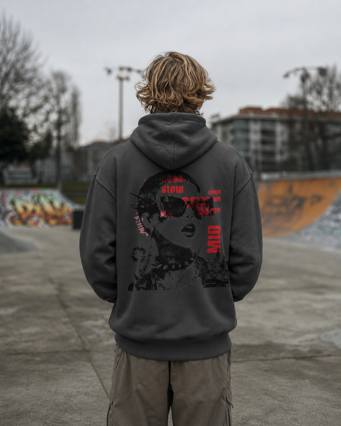 Person wearing a hoodie with a graphic design in an outdoor setting