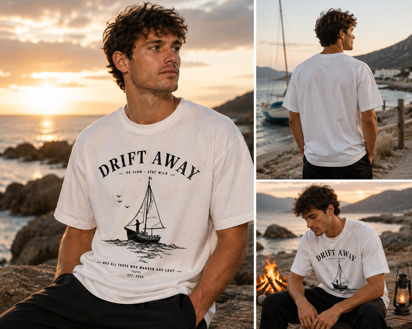Man wearing a 'Drift Away' Coastal graphic t-shirt featuring laid-back artwork inspired by ocean breezes, travel, and relaxation.