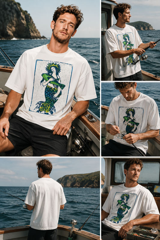 Man wearing a white t-shirt with a mermaid design by the sea. Emerald Tide graphic t-shirt featuring ocean-inspired artwork influenced by coastal landscapes and natural beauty.