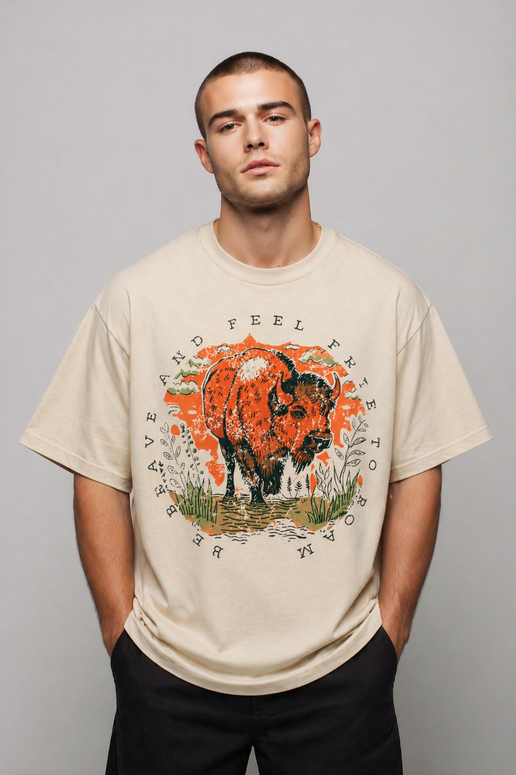 Man wearing a beige t-shirt with a graphic design of a bison on a gray background