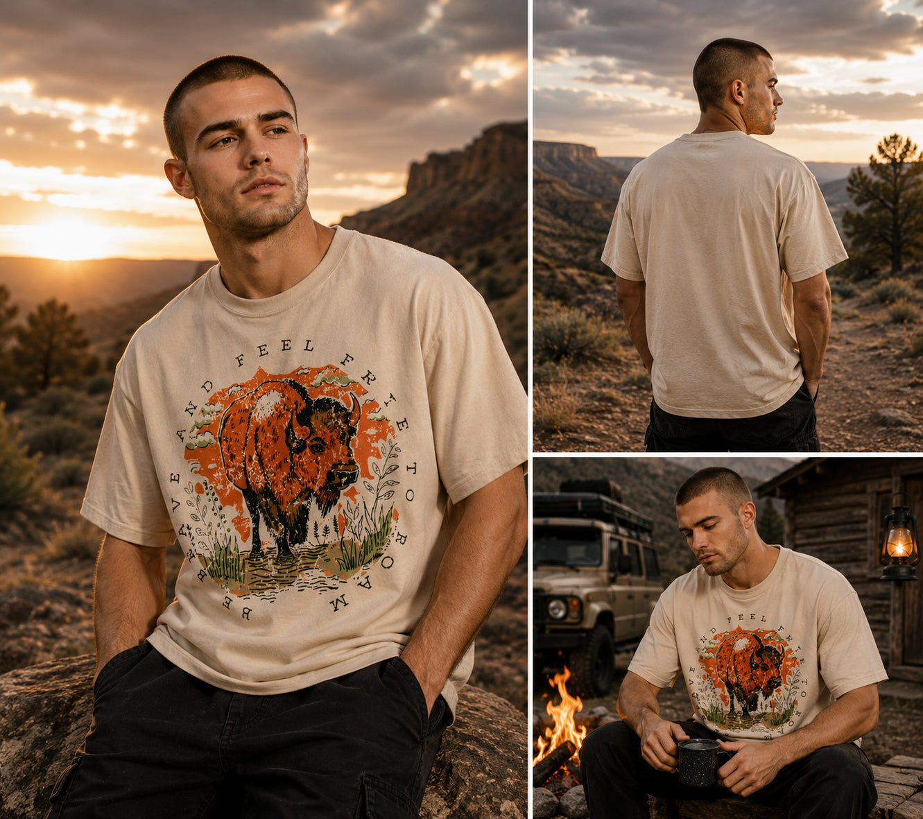 Feel Free to Roam graphic t-shirt featuring buffalo artwork inspired by wildlife, exploration, and the American West.