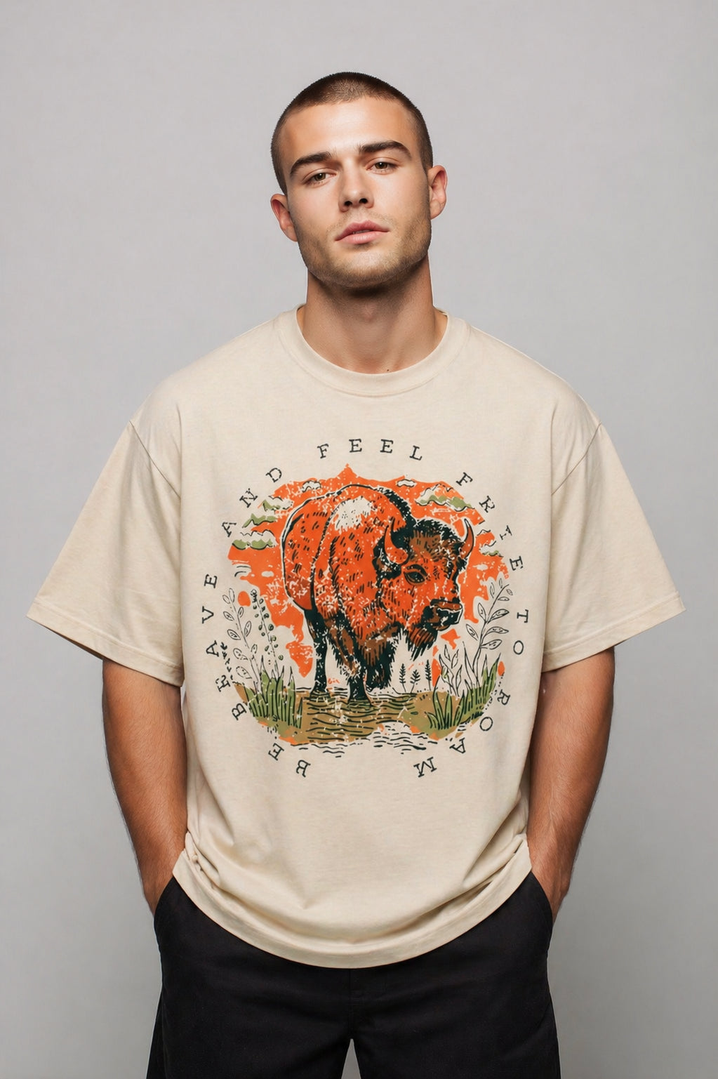 Feel Free to Roam graphic t-shirt featuring buffalo artwork inspired by wildlife, exploration, and the American West.