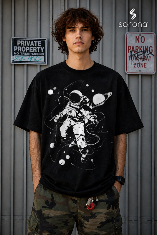 Person wearing a black t-shirt with an astronaut graphic in front of a gray wall with signs.