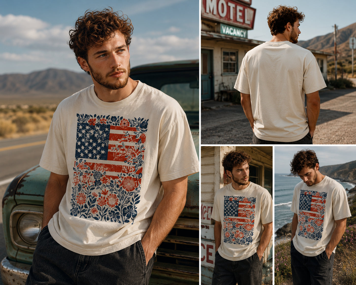 Man wearing a Floral Americana Flag graphic t-shirt featuring patriotic artwork blended with floral design and American heritage.