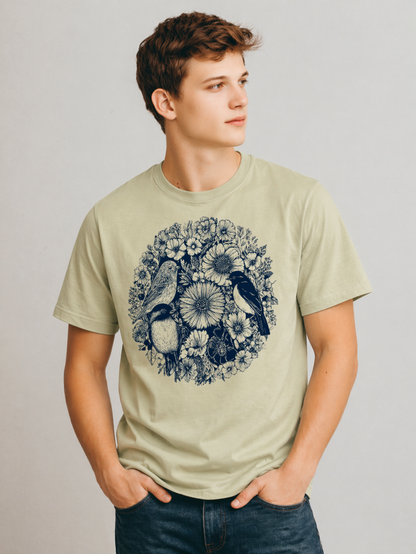 Person wearing a light green t-shirt with a floral and bird design on a plain background