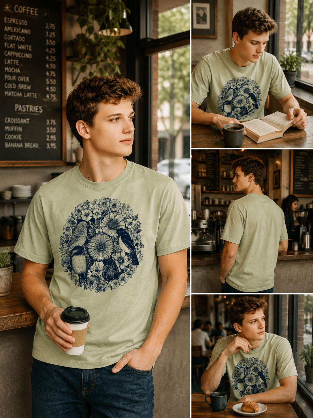Man wearing a green Floral Birds Circle graphic t-shirt featuring botanical bird artwork arranged in a decorative floral design.