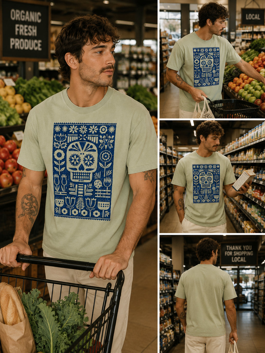Man shopping in a grocery store wearing a light green Folk Skull graphic t-shirt featuring decorative skull artwork inspired by folk art and vintage illustration.
